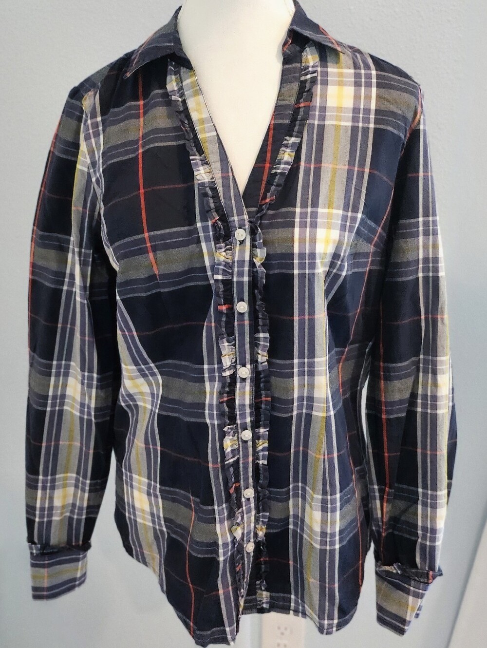 Tommy Hilfiger Small Plaid Ruffle Button Front Shirt